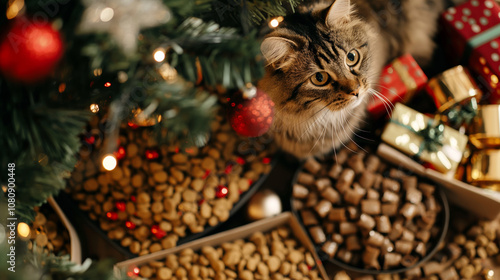 Cat and a lot of cat food and toys under decorated Christmas tree. Perfect gift for xmas holidays for beloved pet.  photo