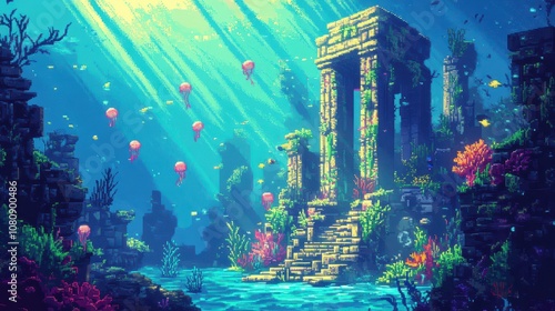 Underwater city glowing jellyfish fish swim temple algae-covered