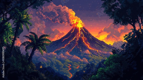Pixel art eruption with lava trails ash cloud jungle trees