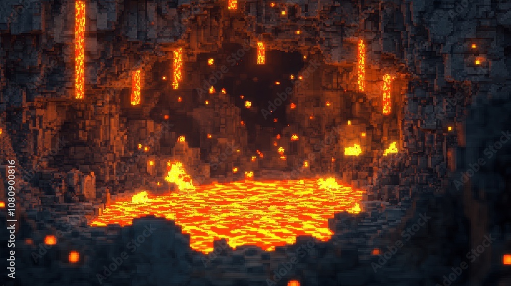 Fototapeta premium Pixel art lava cave glowing with orange light and stone floor