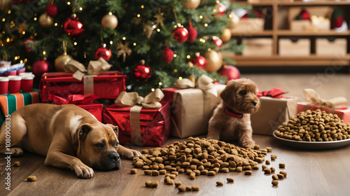 Dog and a lot of dog food and pet toys under decorated Christmas tree. Funny photo of a perfect gift for xmas holidays for beloved pet.  photo