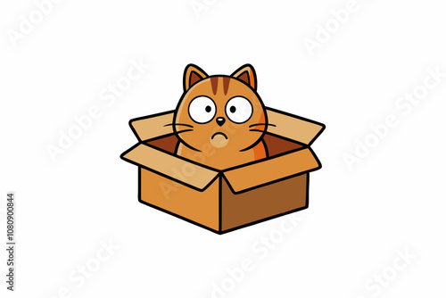 a sad cat abandoned in a cardboard box, white background, t-shirt design