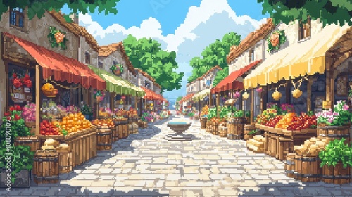 Pixel art colorful market with fountain and bright sunny day