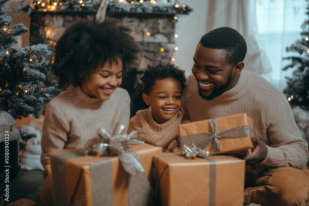 A Joyful Family Gathers Around Beautifully Wrapped Gifts While Celebrating Christmas in a Cozy Living Room Filled With Holiday Cheer