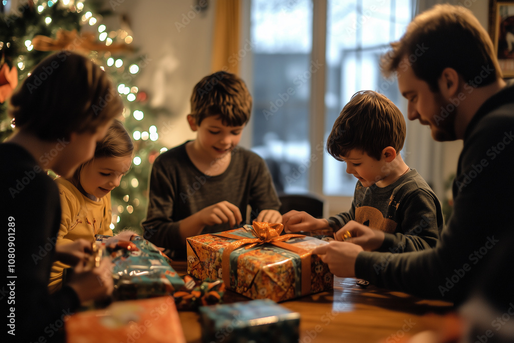 Joyful Moments of Gift Giving During a Cozy Christmas Gathering With Family in a Warmly Lit Living Room Filled With Holiday Spirit
