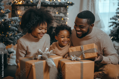 Obraz na płótnie A Joyful Family Gathers Around Beautifully Wrapped Gifts While Celebrating Christmas in a Cozy Living Room Filled With Holiday Cheer w salonie
