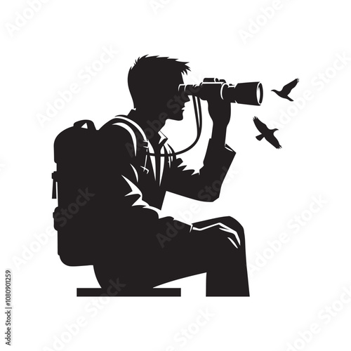 Person using binoculars silhouette vector art black color design and solid white background 