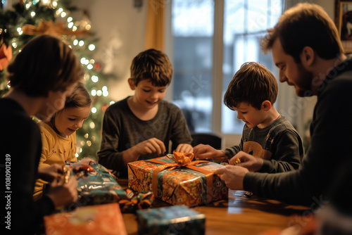 Obraz na płótnie Joyful Moments of Gift Giving During a Cozy Christmas Gathering With Family in a Warmly Lit Living Room Filled With Holiday Spirit w salonie
