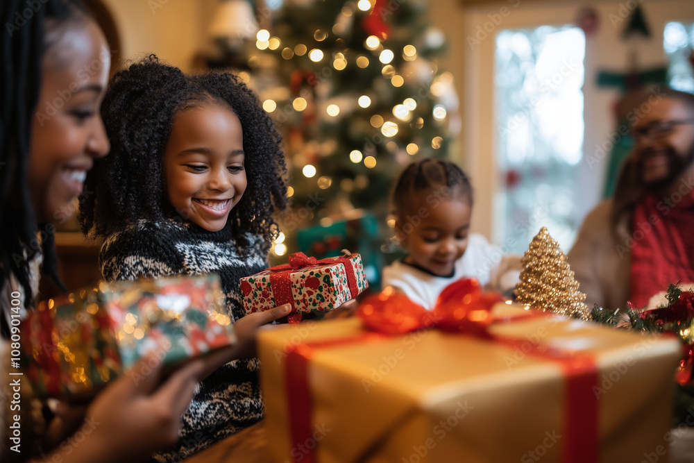A Joyful Family Celebrating Christmas With Gift Giving and Sharing Smiles Around the Decorated Tree in a Cozy Living Room