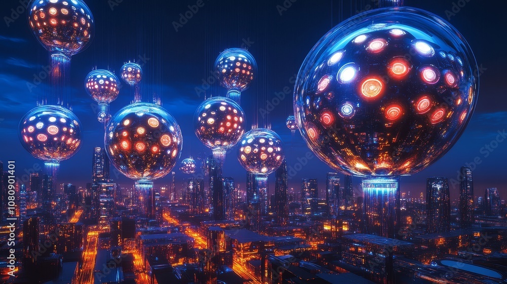 Glowing orbs hover above a futuristic cityscape, casting a vibrant glow on the buildings and streets below, creating a mesmerizing scene of advanced technology and urban life Glowing orbs hover above a futuristic cityscape, casting a vibrant glow on the buildings and streets below, creating a mesmerizing scene of advanced technology and urban life