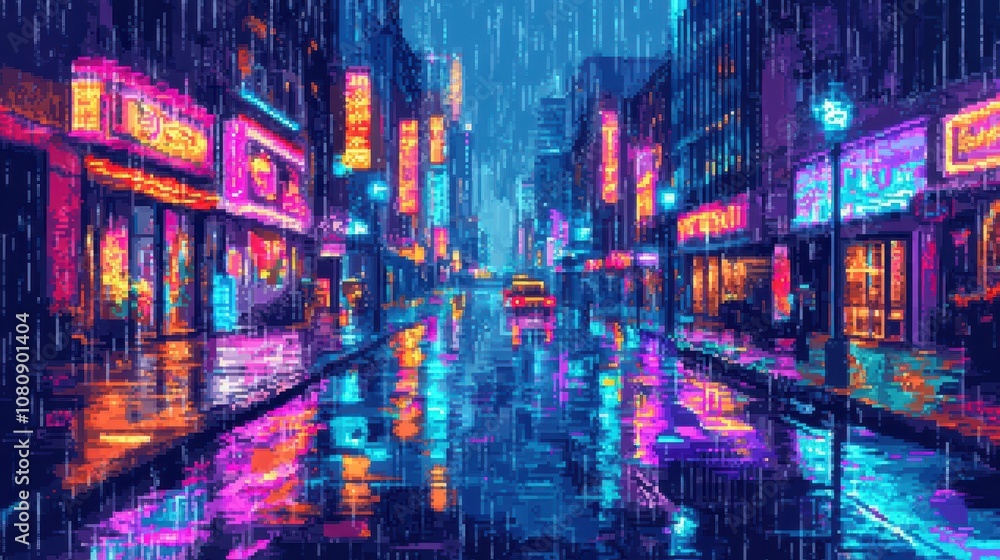 Naklejka premium Pixel art wet street flickering neon rain and dim glow