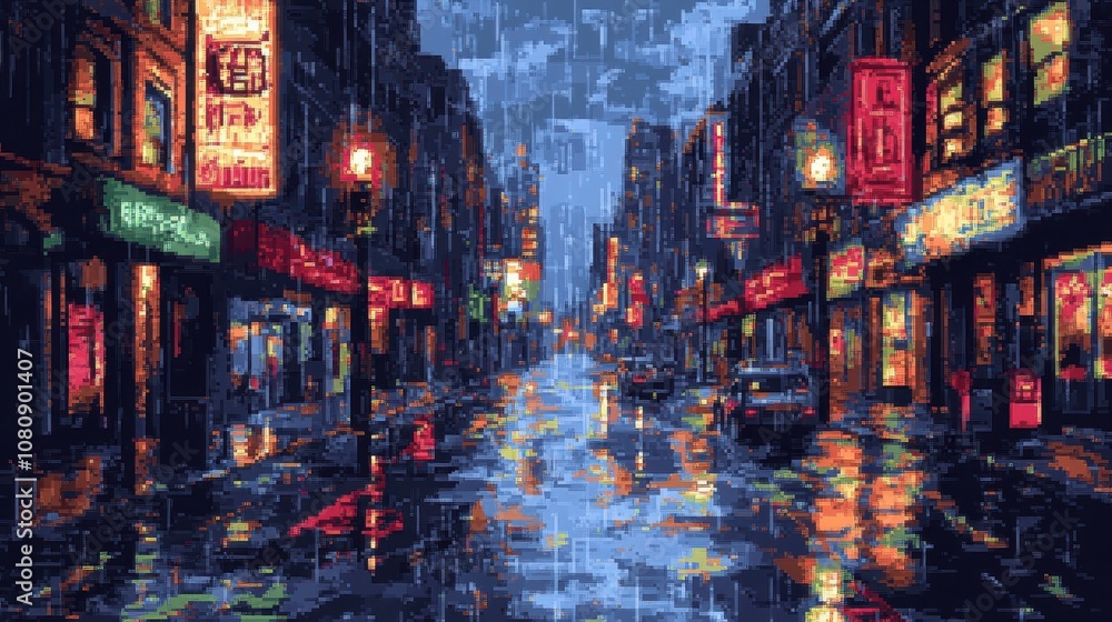 Fototapeta premium Pixel art urban rain scene neon colors on dark pavement