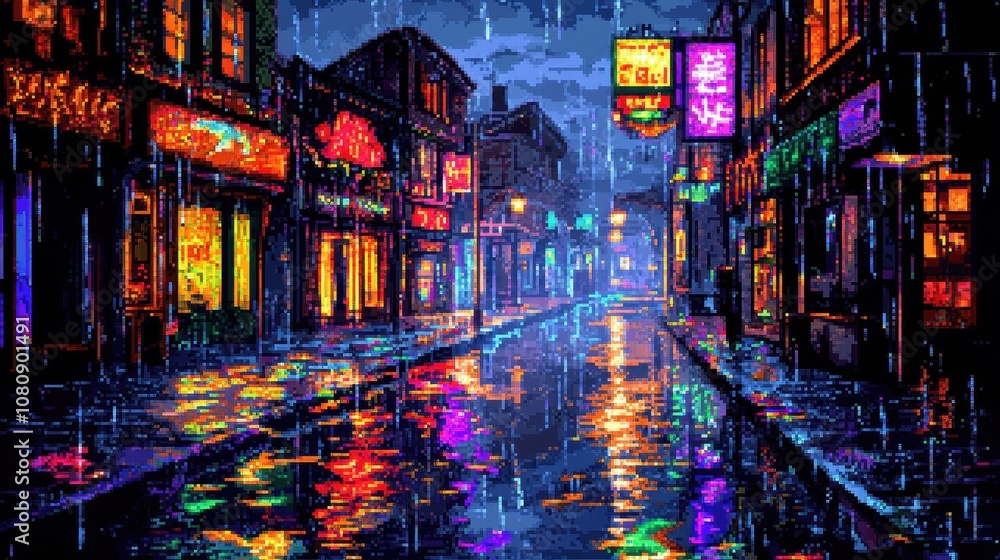 Pixel art city night rain neon lights and glowing puddles Pixel art city night rain neon lights and glowing puddles