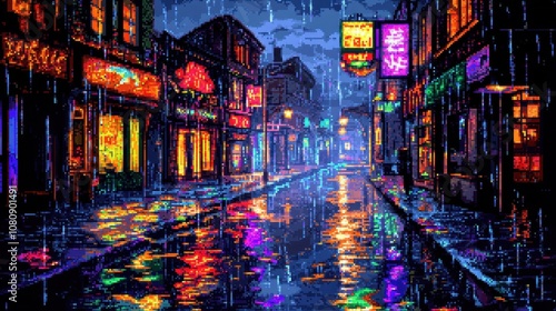 Pixel art city night rain neon lights and glowing puddles