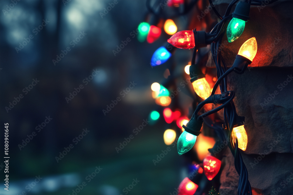Enchanting Display of Colorful Christmas Lights Adorning a Rustic Stone Wall in the Heart of the Winter Season