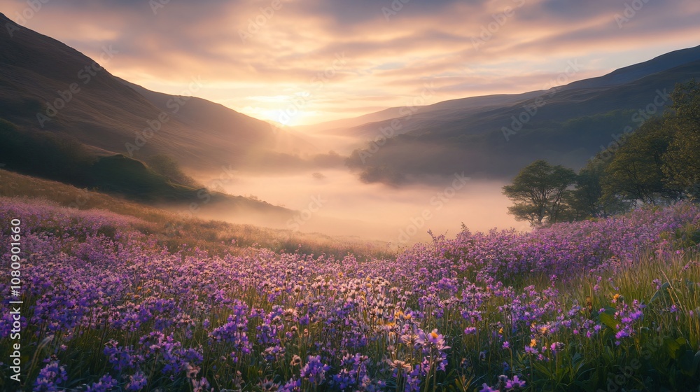 Fototapeta premium Misty Valley Sunrise with Purple Wildflowers