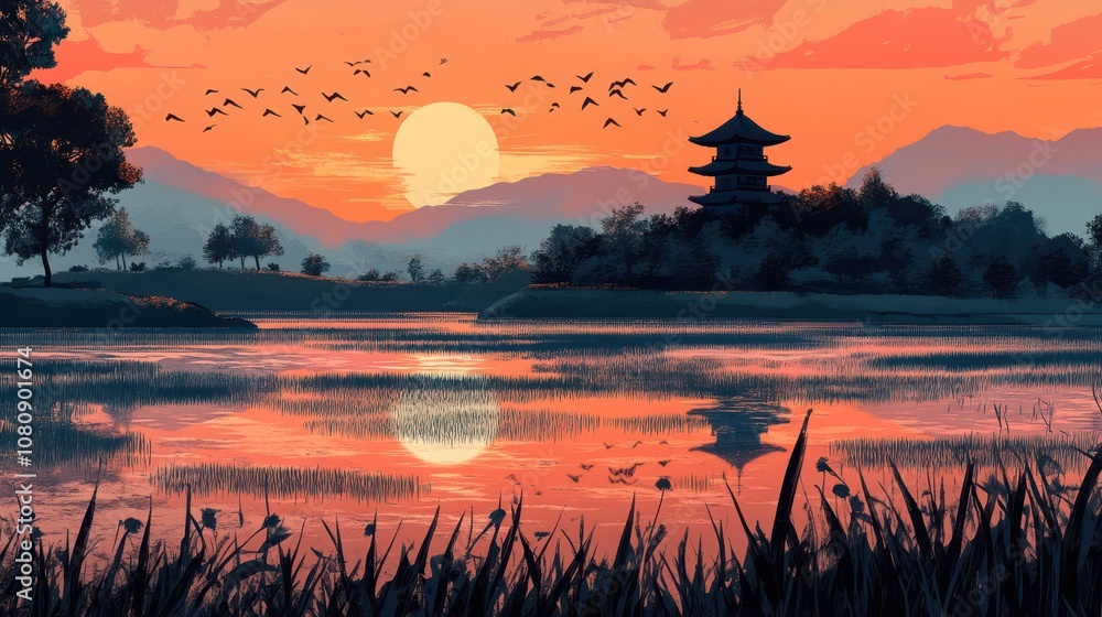 Dusk landscape with flying cranes and rice field reflection background Dusk landscape with flying cranes and rice field reflection background