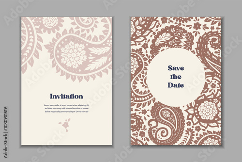 Two greeting cards templates set with paisley motifs. Wedding invitation with oriental decoration. Modern abstract stationary design.