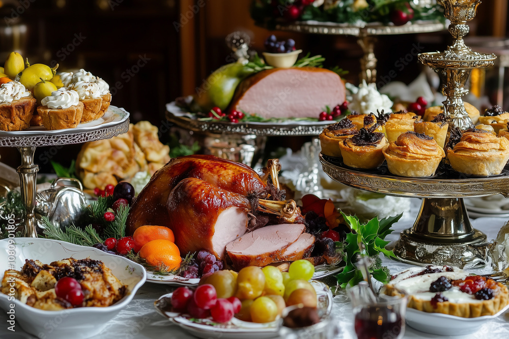 A Lavish Feast Featuring Roasted Turkey, Vibrant Fruits, and Exquisite Pastries Set on an Ornate Table for a Festive Gathering