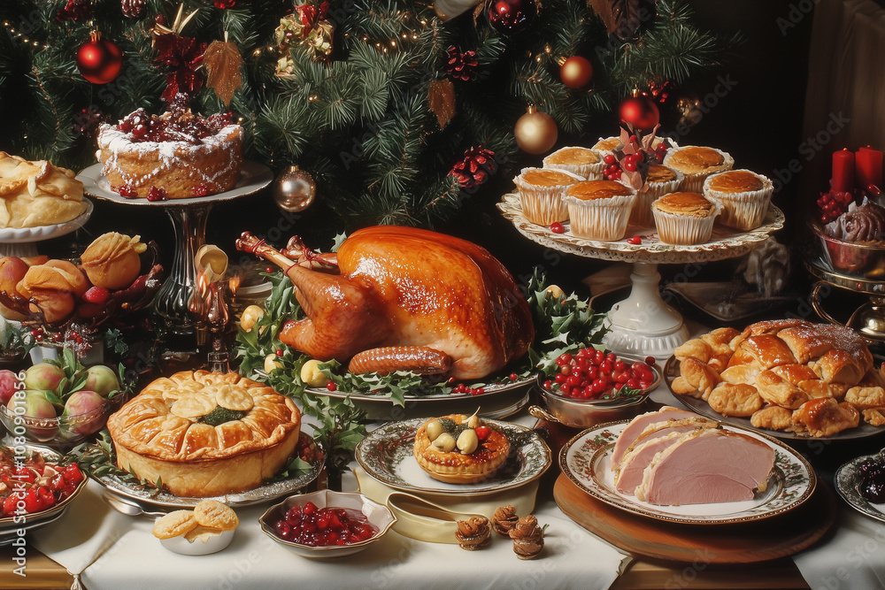 Delightful Festive Feast Showcasing a Magnificent Turkey and an Array of Traditional Dishes Surrounded by Holiday Decorations