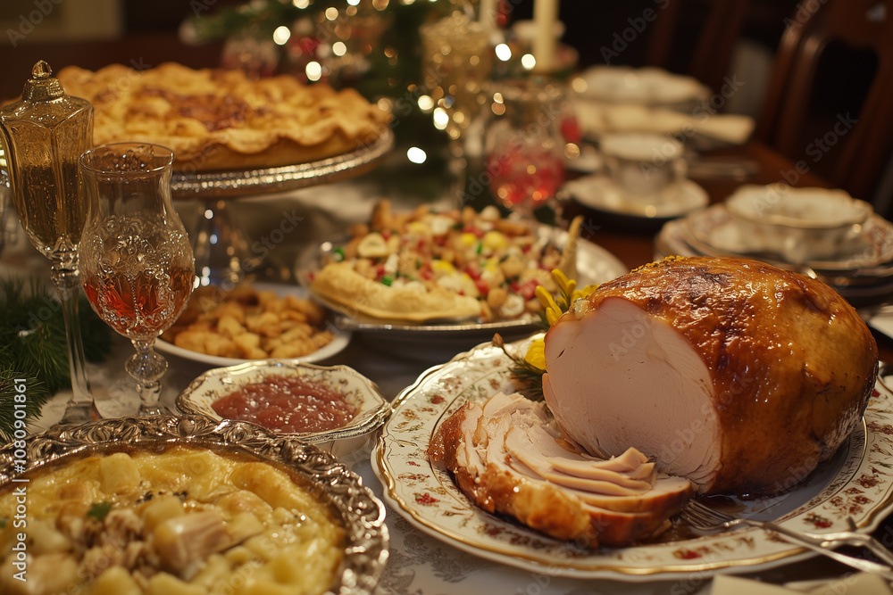 A Festive Table Adorned With a Grand Feast Featuring Succulent Turkey and an Array of Delightful Holiday Dishes in a Warm Dining Room