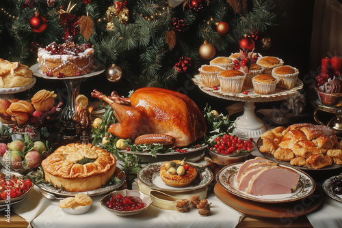 Obraz na płótnie Delightful Festive Feast Showcasing a Magnificent Turkey and an Array of Traditional Dishes Surrounded by Holiday Decorations w salonie
