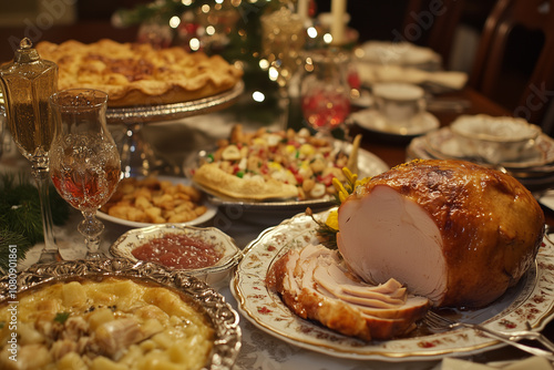 Obraz na płótnie A Festive Table Adorned With a Grand Feast Featuring Succulent Turkey and an Array of Delightful Holiday Dishes in a Warm Dining Room w salonie