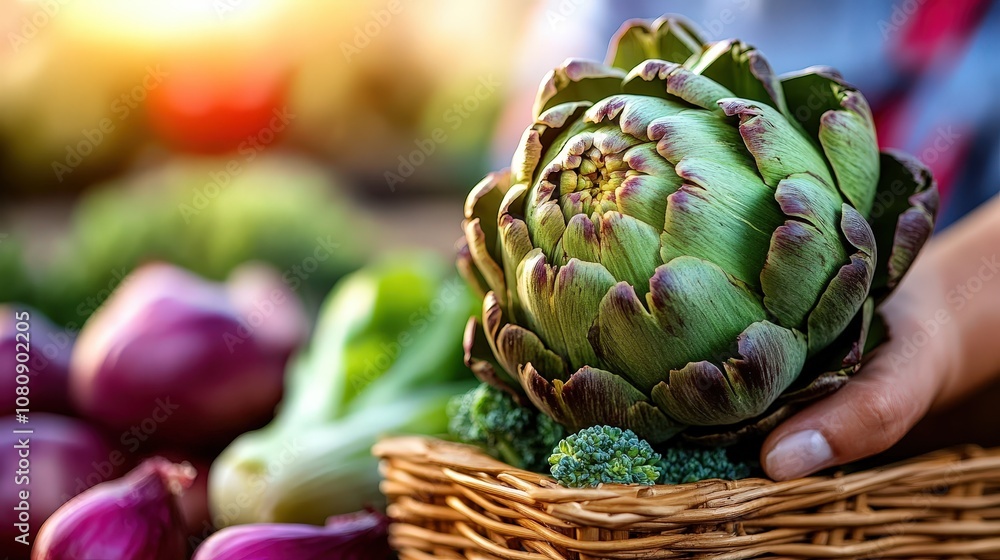 In the image, a person is holding a fresh green artichoke nestled in a wicker basket alongside various fresh vegetables, illuminated by soft outdoor light. In the image, a person is holding a fresh green artichoke nestled in a wicker basket alongside various fresh vegetables, illuminated by soft outdoor light.