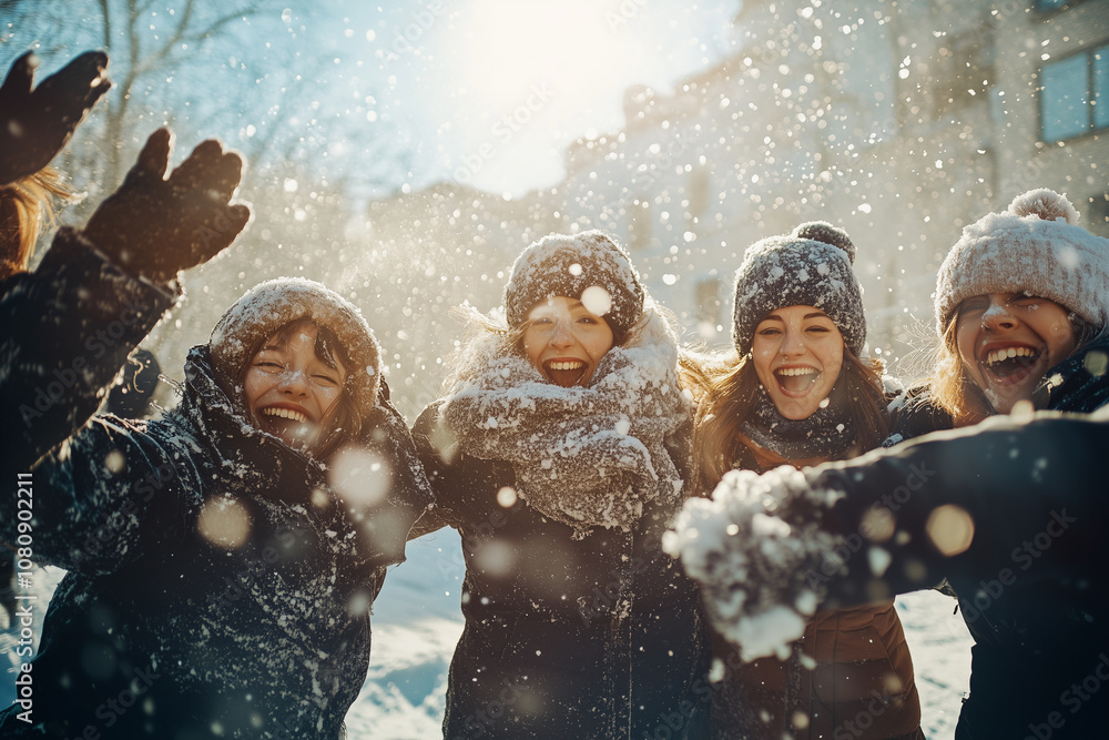 Joyful Friends Celebrating Christmas Outdoors While Snowflakes Dance in the Air During a Winter Wonderland Experience
