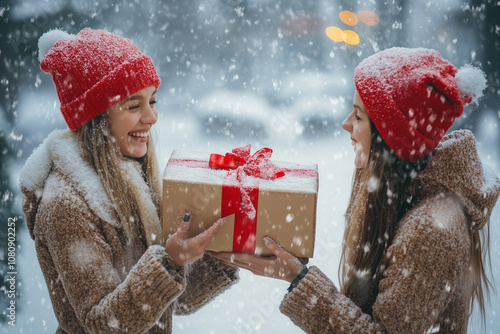 Joyful Friends Exchanging Holiday Gifts Surrounded by Falling Snow in a Festive Winter Wonderland Atmosphere