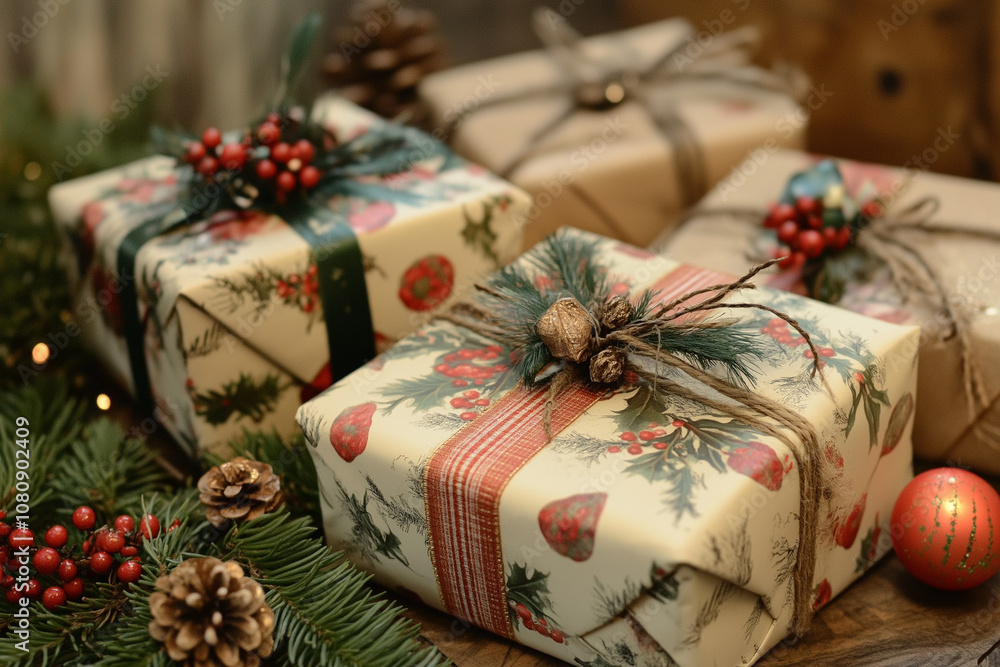 Beautifully Wrapped Christmas Presents Adorned With Festive Decorations on a Cozy Table Surrounded by Pine Branches and Holiday Ornaments