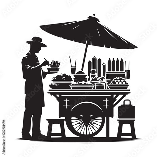 Street vendor selling food silhouette vector art black color design and solid white background 