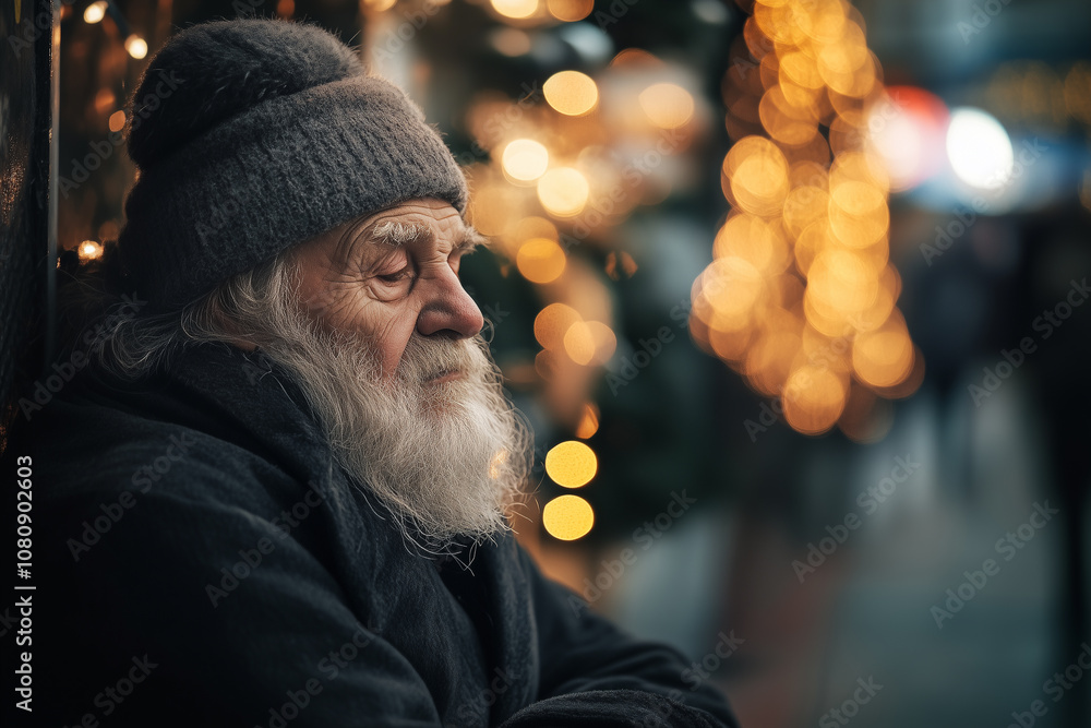 A Solitary Figure Reflecting on Life Amidst the Twinkling Holiday Lights in a Bustling City at Twilight