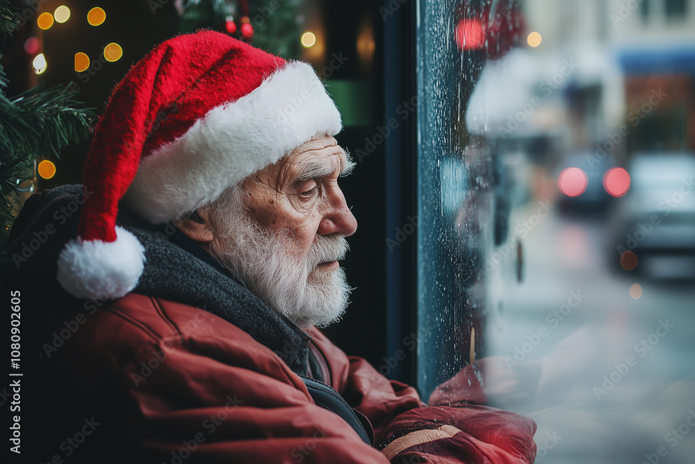 A Solitary Man in a Santa Hat Gazes Longingly out the Window on a Rainy Christmas Eve, Wrapped in Reflections of Joy and Nostalgia
