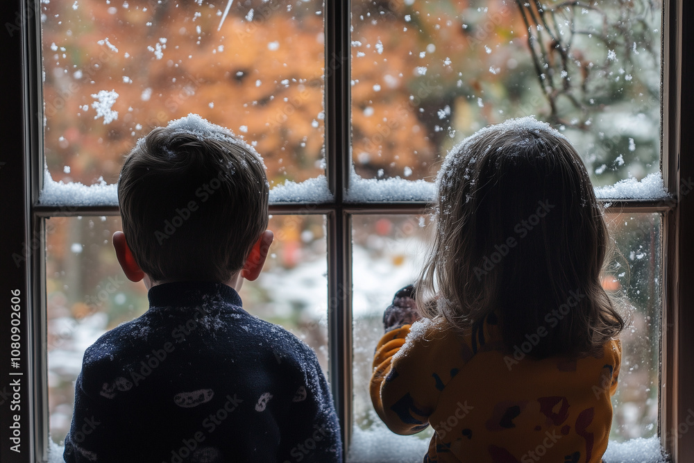 Children Gazing Through a Frosty Window, Eagerly Awaiting the First Snowfall of the Winter Season in a Cozy Home