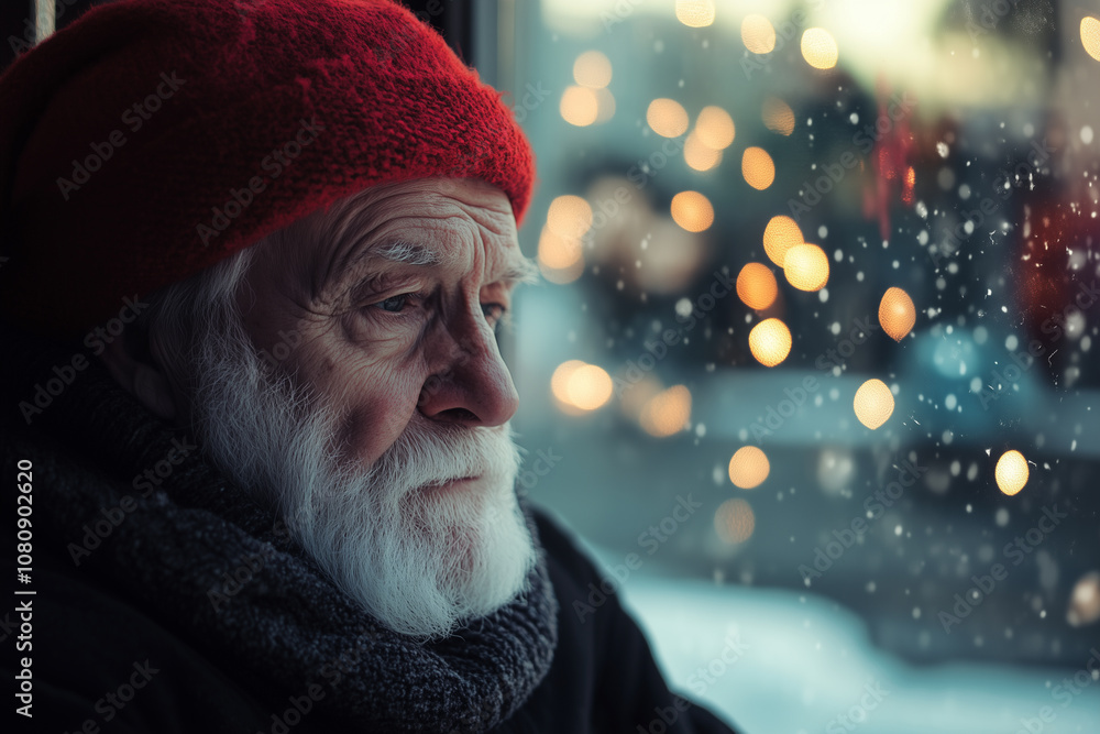 A Solitary Figure Gazes out the Window, Lost in Thought While Snowflakes Fall Softly Against a Backdrop of Twinkling Lights During Winter