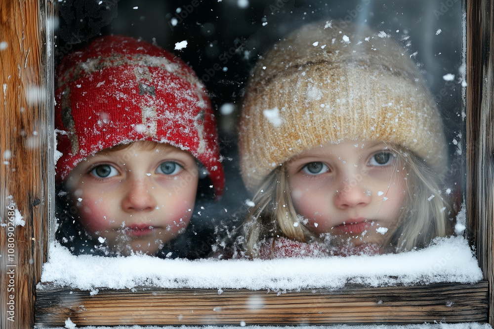 Watching the Snowfall Through a Frosted Window, Two Children Await Their First Winter Adventure With Excitement and Wonder