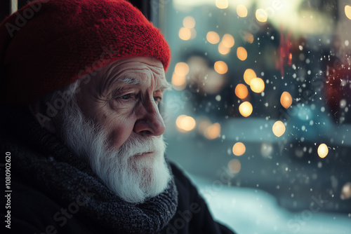 Obraz na płótnie A Solitary Figure Gazes out the Window, Lost in Thought While Snowflakes Fall Softly Against a Backdrop of Twinkling Lights During Winter w salonie