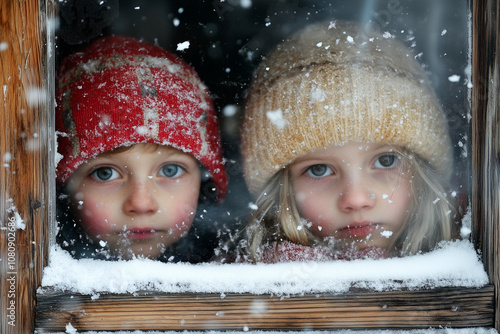 Obraz na płótnie Watching the Snowfall Through a Frosted Window, Two Children Await Their First Winter Adventure With Excitement and Wonder w salonie
