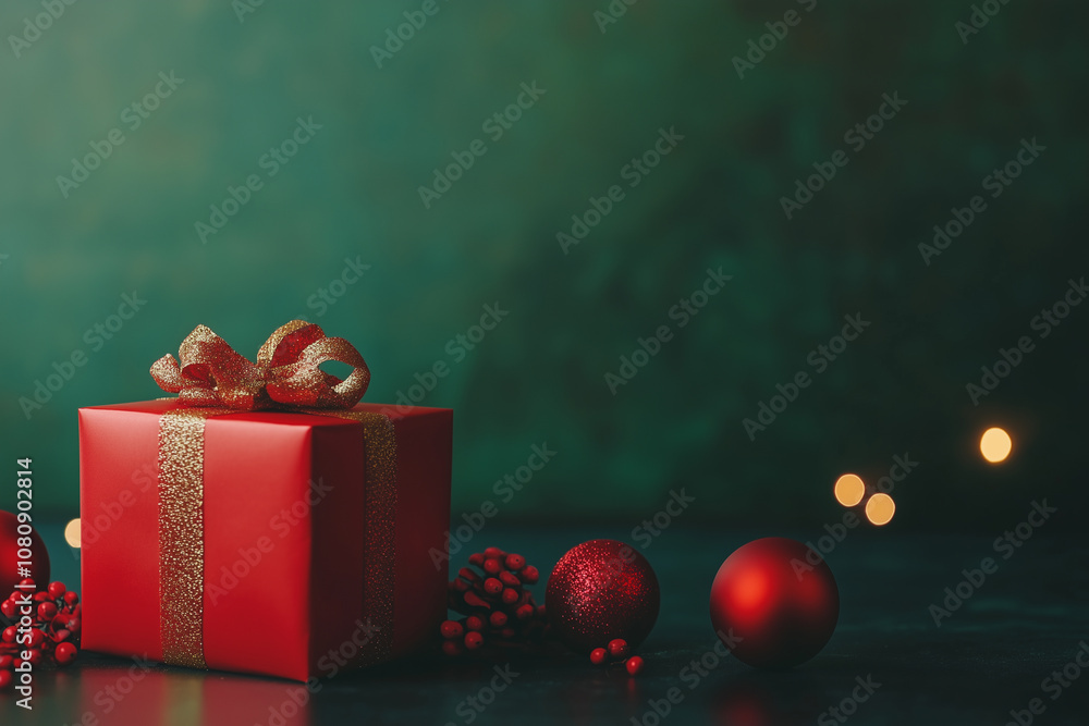 A Beautifully Wrapped Red Gift Box With Golden Ribbon and Ornaments, Capturing the Festive Spirit of the Holiday Season