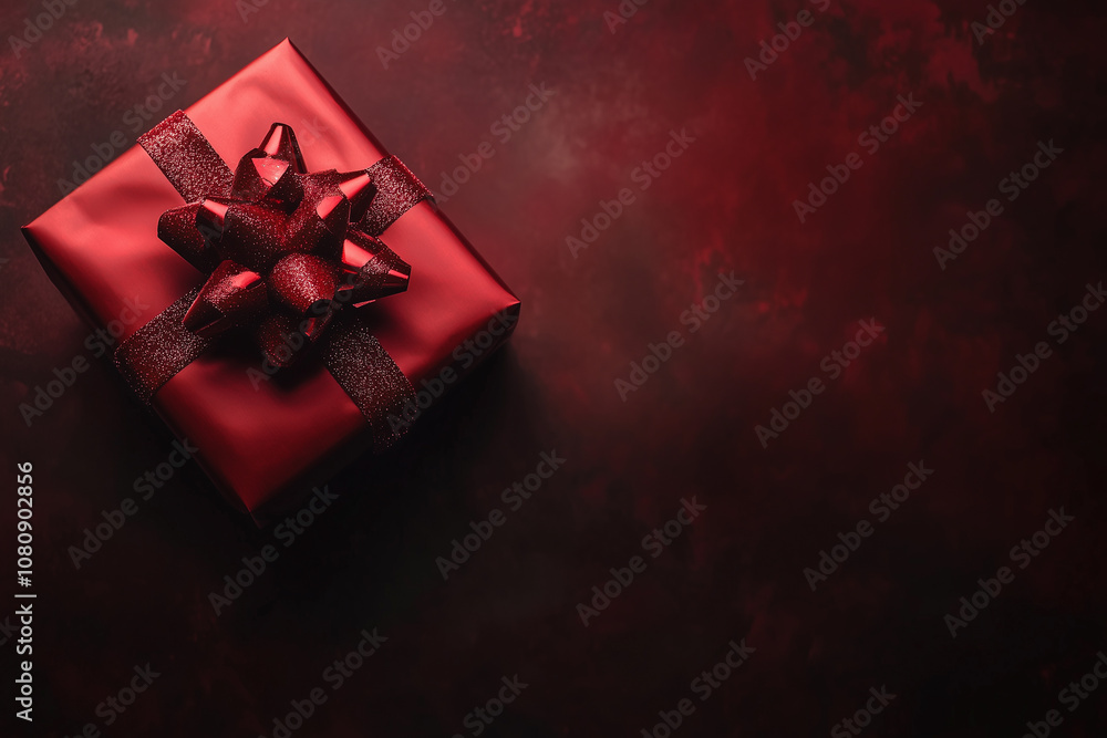 A Red Gift Box With a Shiny Bow on a Dark Backdrop, Perfect for Festive Celebrations or Special Occasions