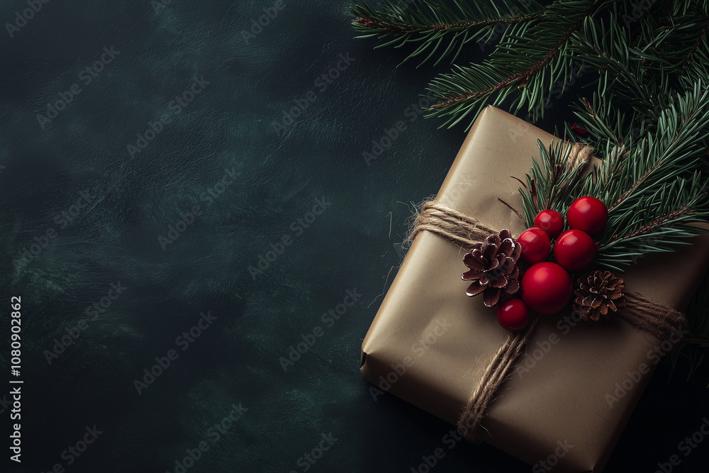 Elegant Holiday Gift Wrapped in Brown Paper Adorned With Festive Decorations, Resting on a Dark Textured Surface With Lush Greenery Nearby