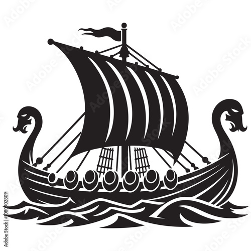 Viking ship sailing vector Silhouette art black color design and solid white background