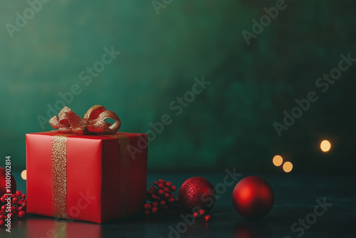 A Beautifully Wrapped Red Gift Box With Golden Ribbon and Ornaments, Capturing the Festive Spirit of the Holiday Season
