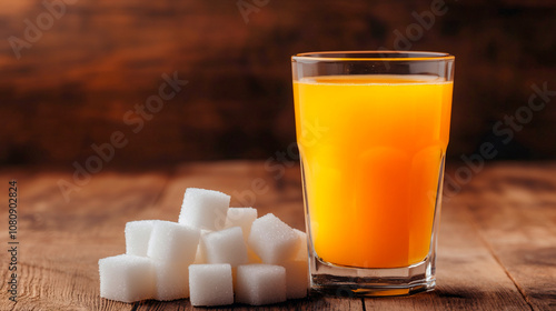 Glass of orange juice and sugar cubes on the wood table