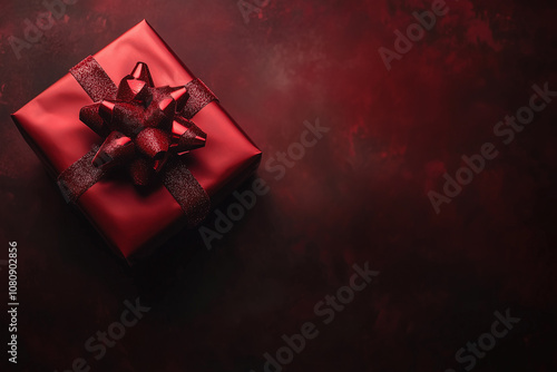 Obraz na płótnie A Red Gift Box With a Shiny Bow on a Dark Backdrop, Perfect for Festive Celebrations or Special Occasions w salonie