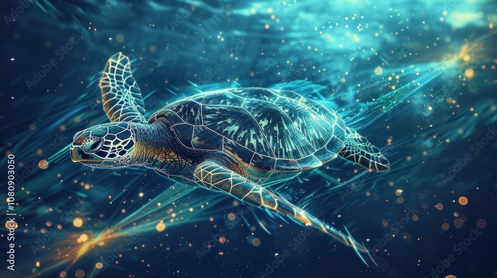 A sea turtle swims through a glowing blue and gold underwater environment. A sea turtle swims through a glowing blue and gold underwater environment.