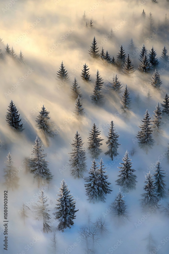 Aerial view of snowy fir trees emerging from a misty landscape at dawn, creating a serene and magical atmosphere Aerial view of snowy fir trees emerging from a misty landscape at dawn, creating a serene and magical atmosphere