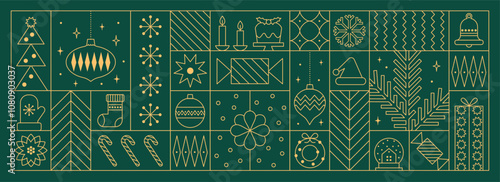 Merry Christmas and Happy New Year geometric background in line style. Modern pattern with minimalist Christmas gold line icons. Trendy luxury Xmas design for banner, card, cover, poster.