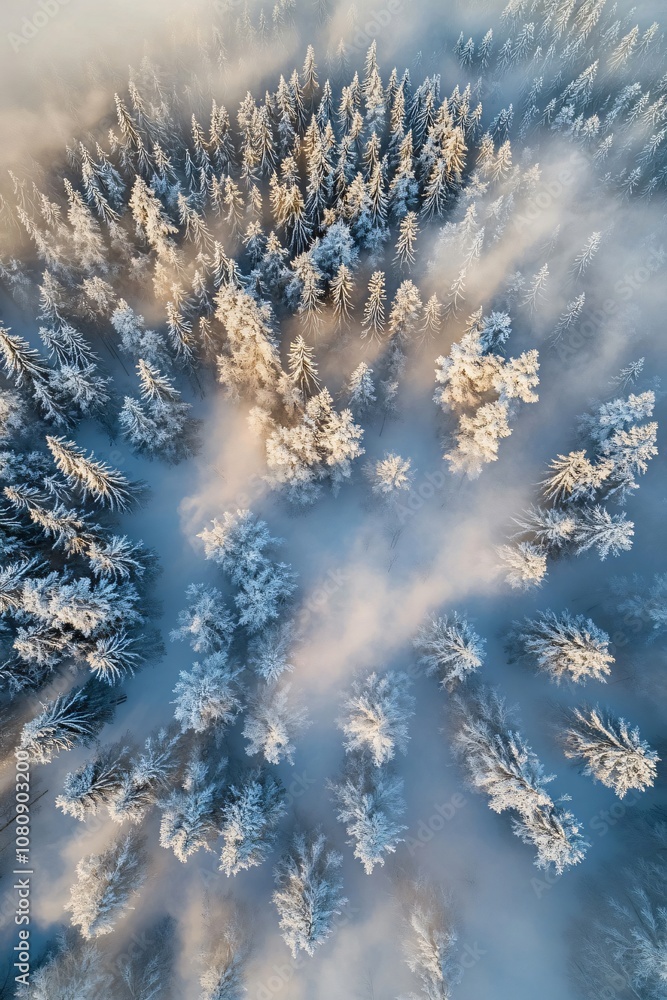 Breathtaking aerial perspective of a misty snow-covered forest at sunset, evoking a tranquil and enchanting ambiance Breathtaking aerial perspective of a misty snow-covered forest at sunset, evoking a tranquil and enchanting ambiance